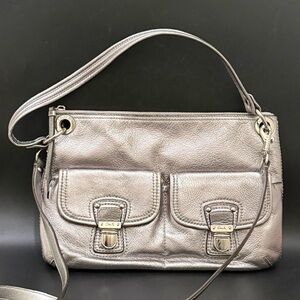 COACH 18996 Poppy Metallic Silver Leather Hippie Shoulder Crossbody Bag